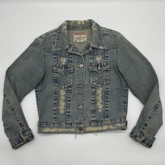 True Religion Jimmy Women's Size Large Light Wash Distressed Denim Jean Jacket - Picture 1 of 10